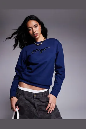 HUGO BOSS Marineblå sweatshirt med rund og logoprint samt rhinstensdetalje