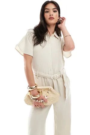MANGO Hvidt jumpsuit med bælte i hørlook