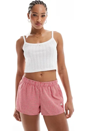 Hollister Nattøj - Posede boksershorts med lav talje, logo-taljebånd og rødt hjerteprint i flonel