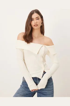 Gina Tricot Og langærmet offshoulder-top med ribber og knapper foran-Hvid