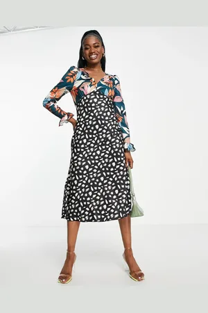 Little Mistress Midi-tea-kjole med plunge front, patwork-blomstermønster og prikket print-Multifarvet
