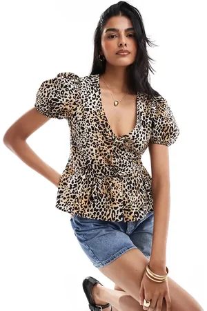Bershka Peplum-top med pufærmer og leopardprint-Brun