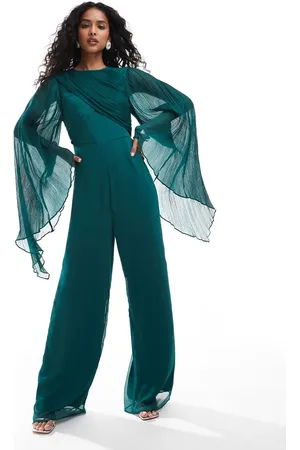 ASOS Juvelgrønt jumpsuit med voluminøse ærmer og vide ben i chiffon
