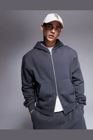 ASOS Premium - Sort forvasket og oversized hættetrøje med lynlås i kraftigt 400 gsm-stof med firkantet design-Grå