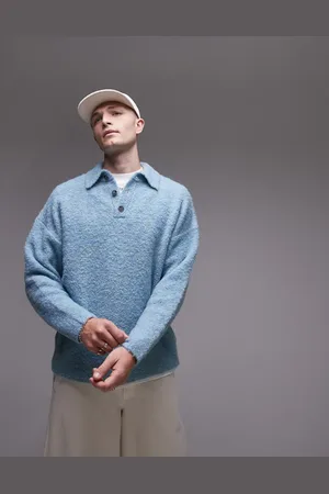Topman Oversized polo i blåmeleret bouclé