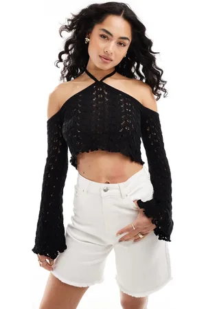 Miss Selfridge Hæklet croptop med halterneck og lange ærmer i