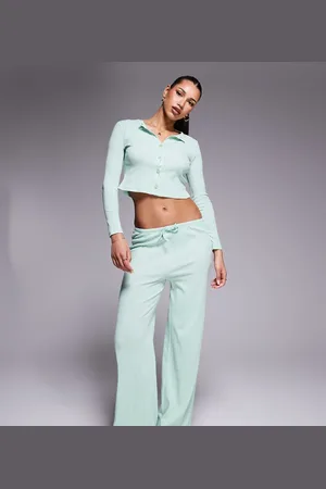 Kaiia Mintgrønne pyjamasbukser i pointelle-strik med brede ben - Del af sæt - Kun hos ASOS