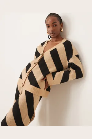 Y.A.S Kamelbrun strikket longline-cardigan med markante striber - Del af sæt-Sort