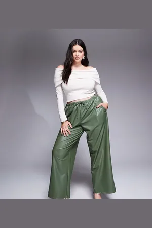 ASOS ASOS DESIGN Curve - Grønne bukser med vide ben og bindebånd i taljen i læderlook