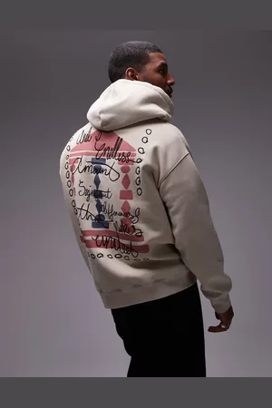 Topman Oversized hættetrøje med broderi og blokprint af søjle på bryst og ryg-Neutral