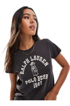 Ralph Lauren Forvasket sort t-shirt med cowboy-bjørnelogo