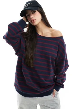 ASOS Marineblå offshoulder-sweatshirt med bordeauxrøde striber-Multifarvet