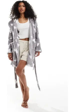 Boux Avenue Kort, vamset morgenkåbe ned hjerteprint i grå