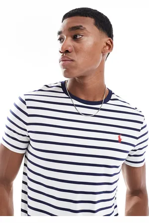 Ralph Lauren Hvid og marineblå figursyet T-shirt med striber og logoikon