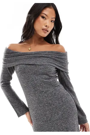 VERO MODA Mørkegråmeleret ankellang offshoulder-kjole i superblødt stof