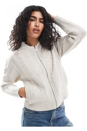 Threadbare Ecrufarvet og kabelstrikket cardigan med lynlås-Hvid