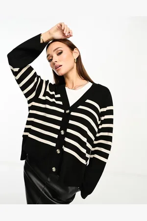 Object Sort cardigan i strik med striber og knapper