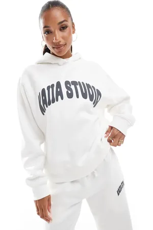 Kaiia Oversized råhvid hættetrøje med Studio-logo - Del af sæt