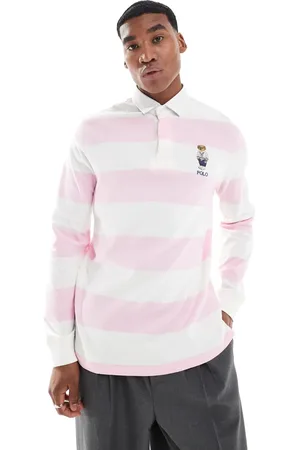 Ralph Lauren Rugby-polo med lyserøde/hvide striber og klassisk bjørnelogo