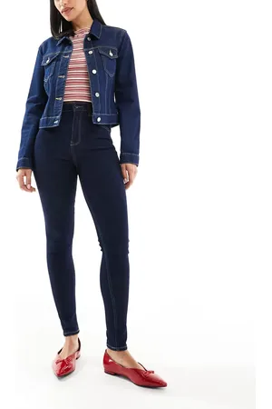 Bershka Mørkeblå skinny-jeans med høj talje og autentisk farve