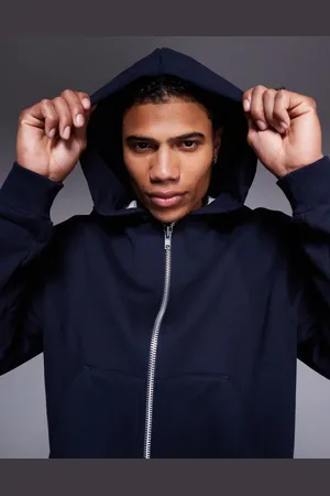 ASOS Premium - Marineblå hættetrøje i kraftigt 400 gsm-materiale med firkantet pasform og cropped snit samt lynlås