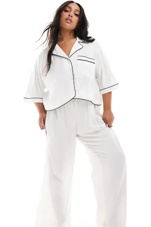 ASOS ASOS DESIGN Curve - Hvide superbløde pyjamasbukser med vide ben og kontrasterende bindebånd