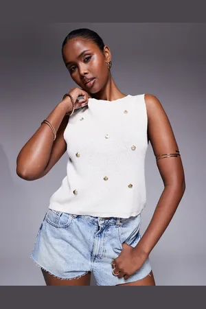 ASOS Ecrufarvet strikket tanktop med guldfarvede muslingevedhæng-Hvid