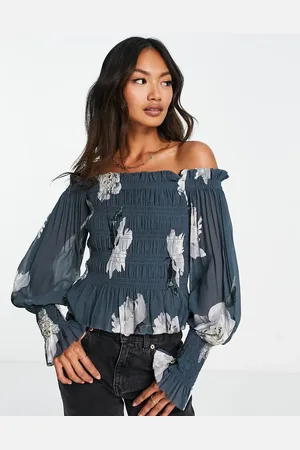 AllSaints Lara Cordelia - Offshoulder top i røggrå med blomstermønster