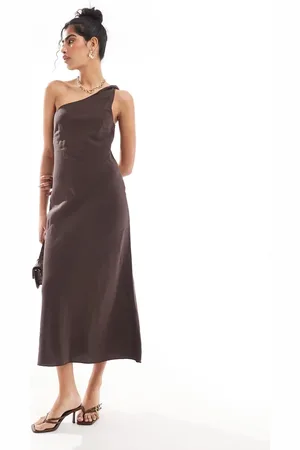 & OTHER STORIES Oneshoulder-midikjole med snoet stropdetalje i mørkebrunt hør