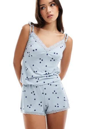 ASOS Mix og match - Blå pyjamasshorts i superblødt materiale med og blondekant
