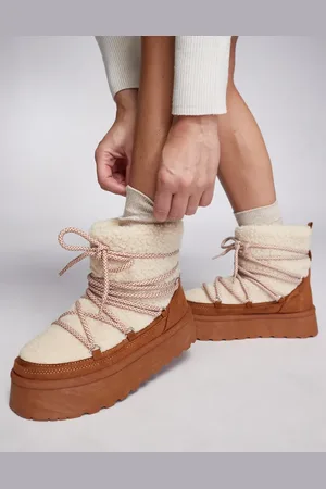 South Beach Små brune flatform-støvler med snører og overdel i teddy-stof