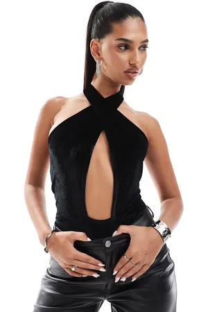 ASOS Bodystocking med halterneck, slå-om-snit og dyb udskæring i velour