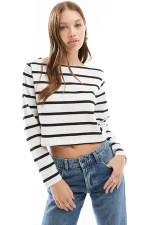 Cotton On Cotton On - Sort- og hvid-stribet croptop med bådudskæring og lange ærmer-Multifarvet