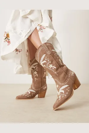 Glamorous Gyldenbrune western-knæstøvler med broderinger
