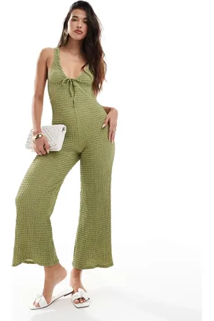 ASOS Racer-jumpsuit med dyb rund hals og bindebånd foran i olivengrøn