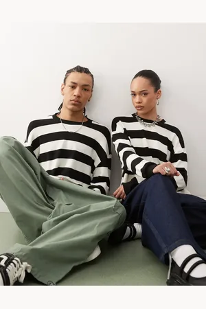 Reclaimed Unisex - Monokrom T-shirt rund hals, lange ærmer og striber-Multifarvet