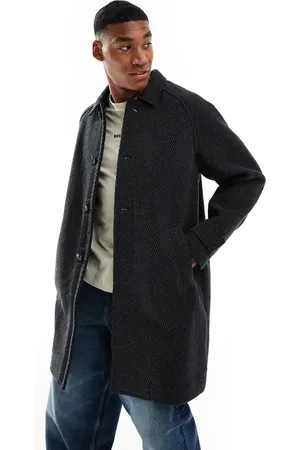 HUGO BOSS Ocozy - Sort, grå og longline overfrakke med sildebensmønster