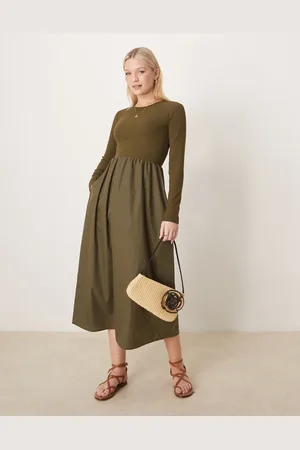 Threadbare Kakigrøn midikjole med lange ærmer og nederdel i poplin