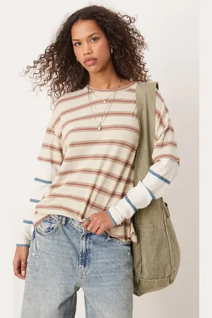 Free People Oversized, langærmet og neutral T-shirt med striber