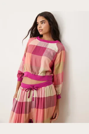 Free People Pink og multifarvet pyjamastop med tern i flonel - Del af sæt-Lyserød