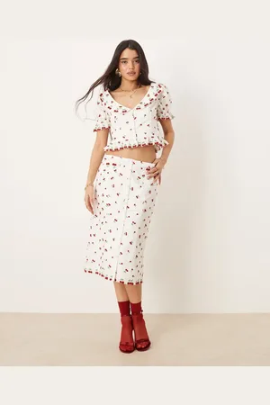 For Love & Lemons Beaded Cherries - Hvid og rød midinederdel - Del af sæt-Multifarvet