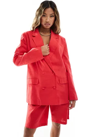 Kaiia Skræddersyet, oversized, dobbeltradet blazer i rødt hørlook - Del af sæt