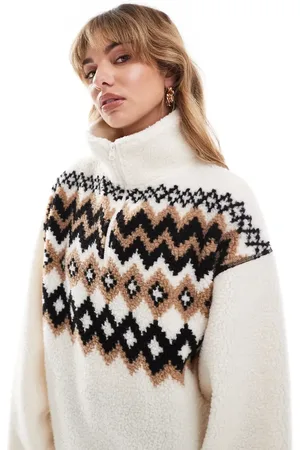 ASOS Trøje med halv lynlås og Fair Isle-mønster i imiteret lammeskind-Multifarvet