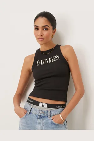 Calvin Klein Sort ribstrikket tanktop med tekstlogo