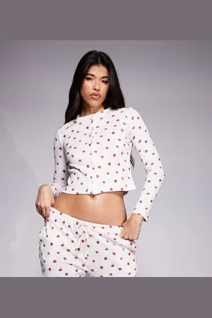 Kaiia Pyjamasbukser med rødt og småblomstret print i pointelle - Del af sæt - Kun hos ASOS-Multifarvet
