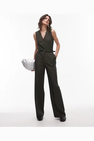 MANGO Mørkegrønt nålestribet vest-jumpsuit med bælte