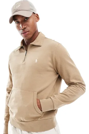 Ralph Lauren Kakibrun rugbysweatshirt i frotté med ikonlogo og kort lynlås