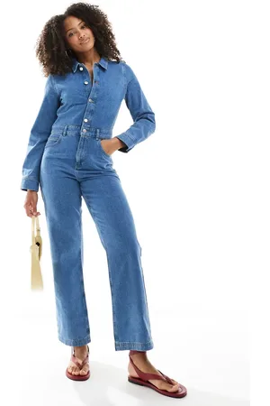Miss Selfridge Mellemvasket jumpsuit med lige ben i denim-Blå