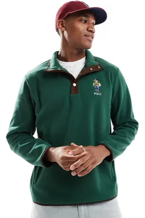 Ralph Lauren Mørkegrøn sweatshirt i polar-fleece med bjørnelogo i college-stil og halv knapstolpe