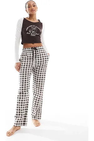 Brave Soul Ecrufarvet og brunt lounge-sæt med cropped T-shirt med lange ærmer og bukser med vide ben og tern-Hvid